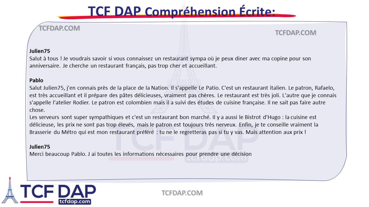 TCF DAP Compréhension Écrite