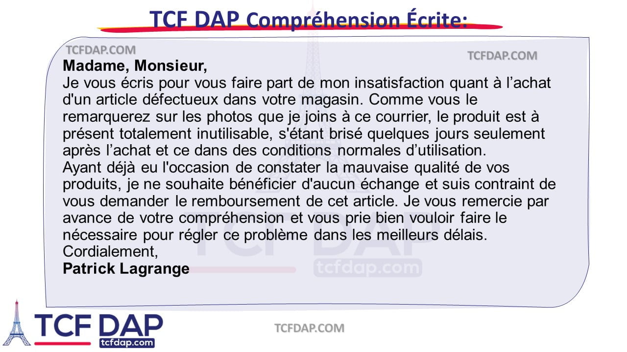 TCF DAP Compréhension Écrite